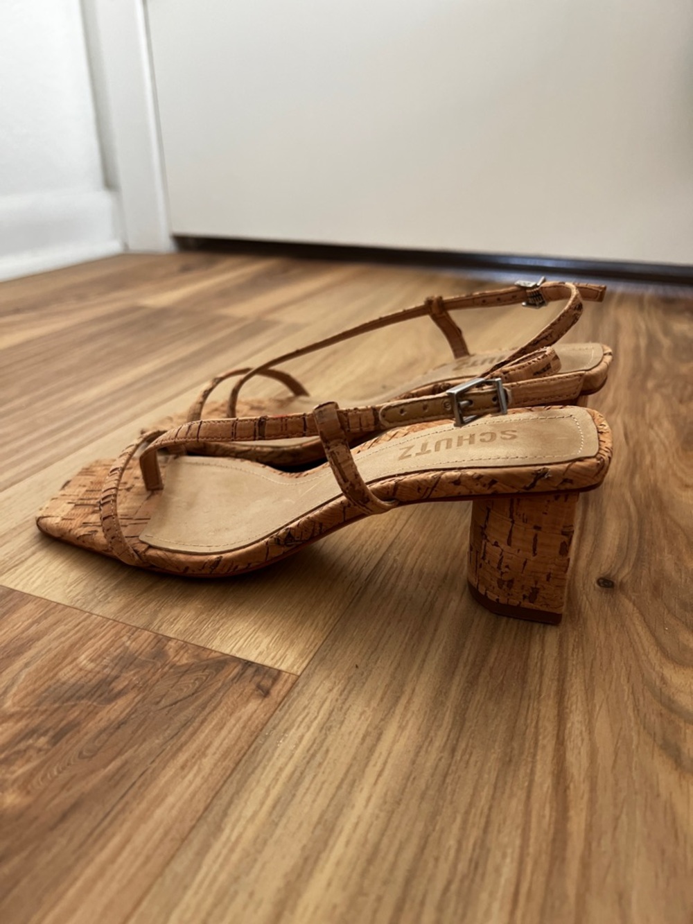 SCHUTZ Heloise Cork-Textured Tan Slingback Block Heel Sandals - Picture 2 of 6